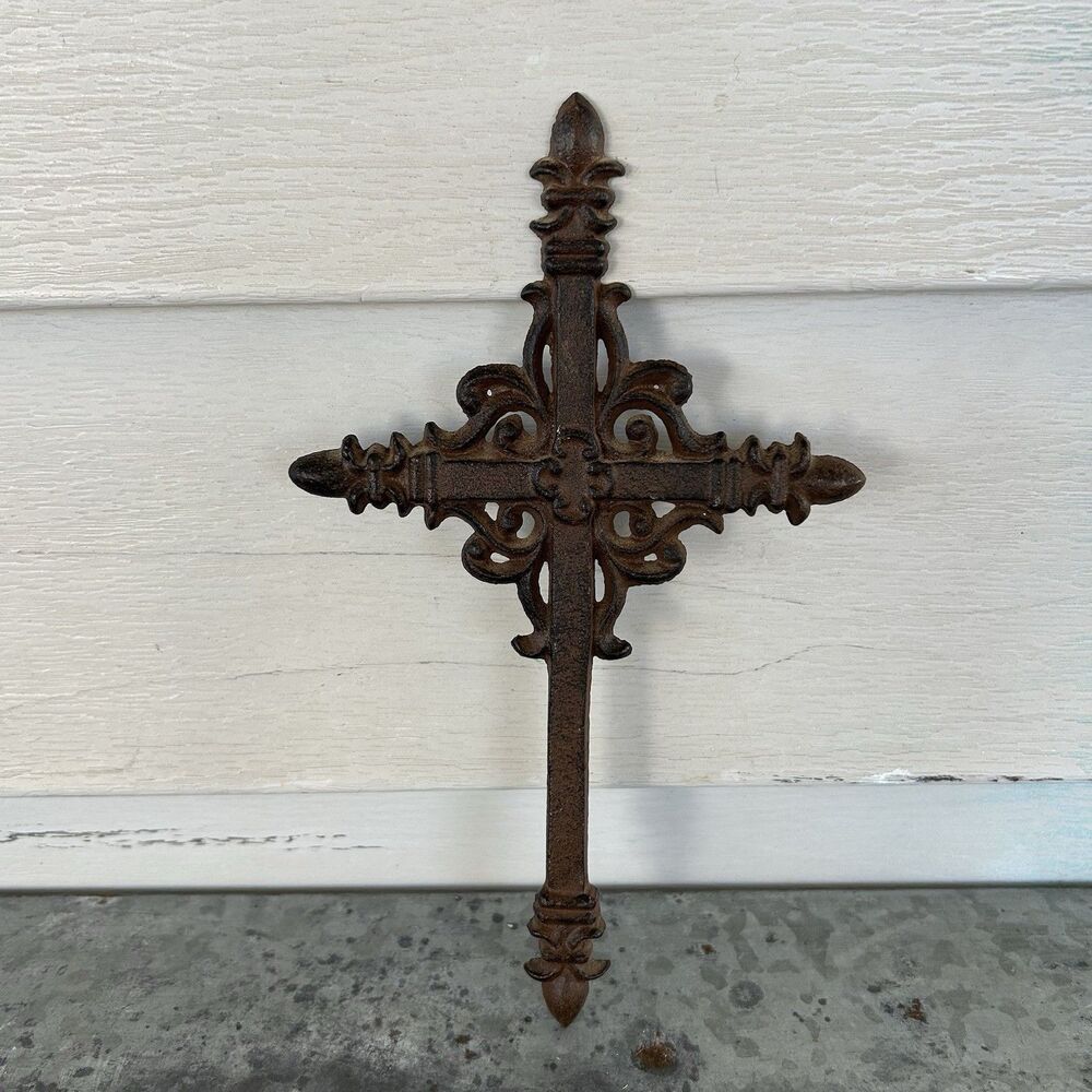Vintage Cast Iron Wall Cross Plaque Brown Rustic Primitive Christian Decor 8”